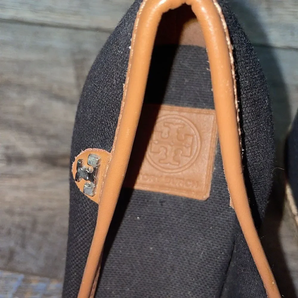 Tory Burch Black & Brown Majorca Espadrille Peep Toe Wedge